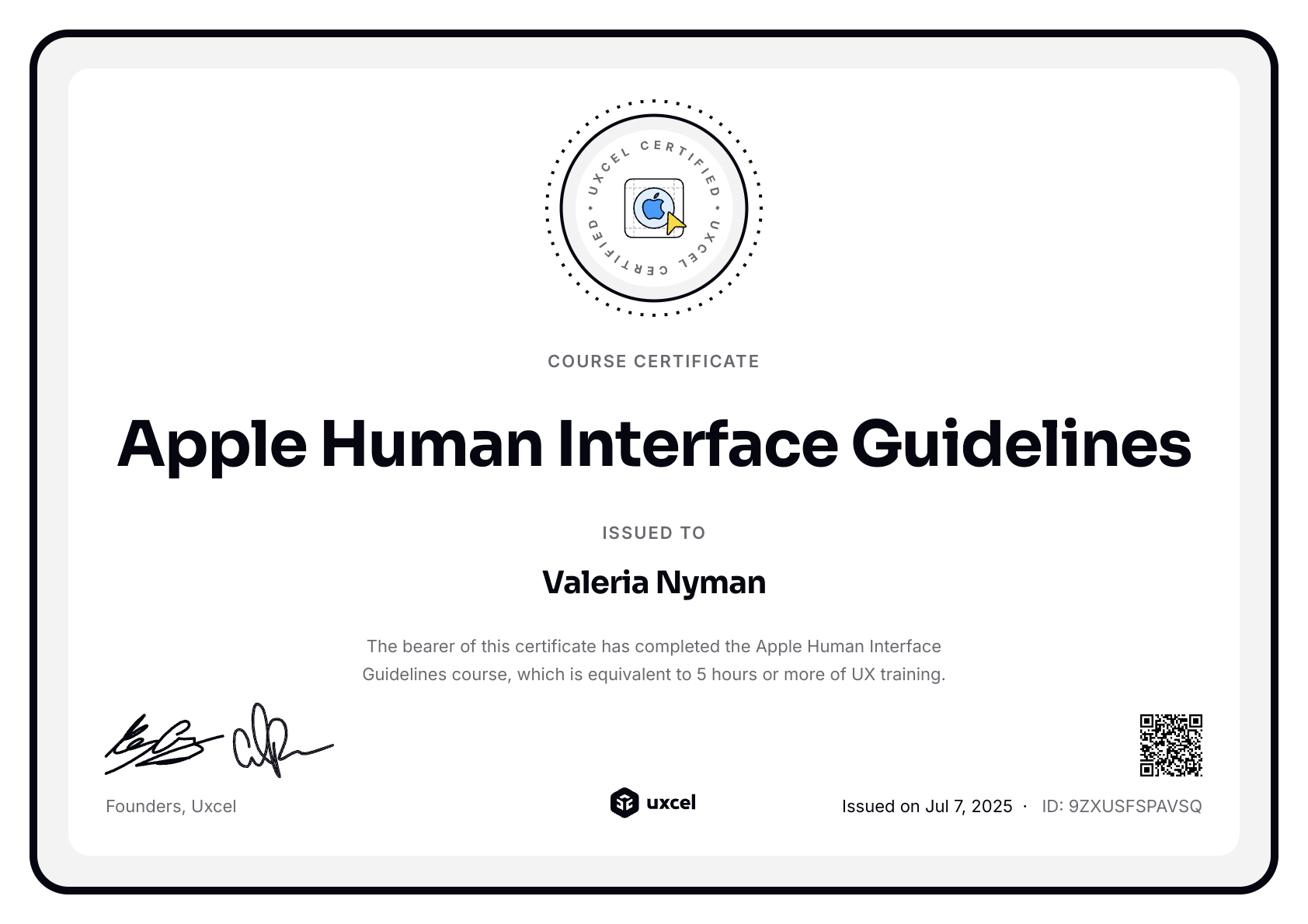 Valeria Nyman's certificate